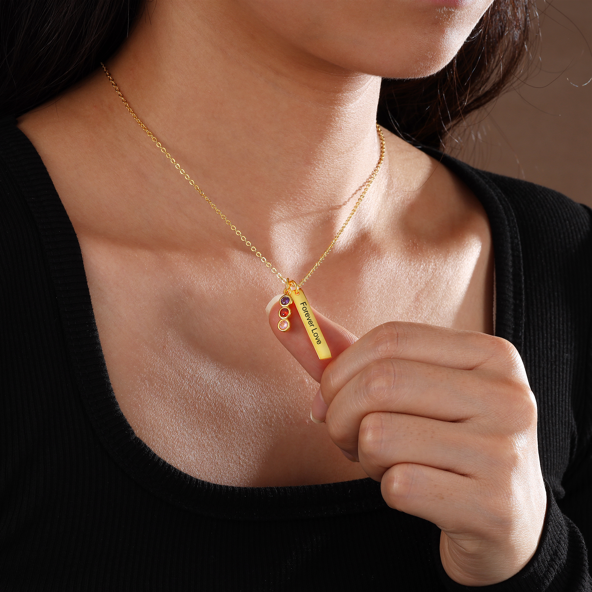 Personalised Bar Pendant Necklace Custom 1 Birthstone & 1 Text Necklace Birthday Gift for Her-Jessemade AU