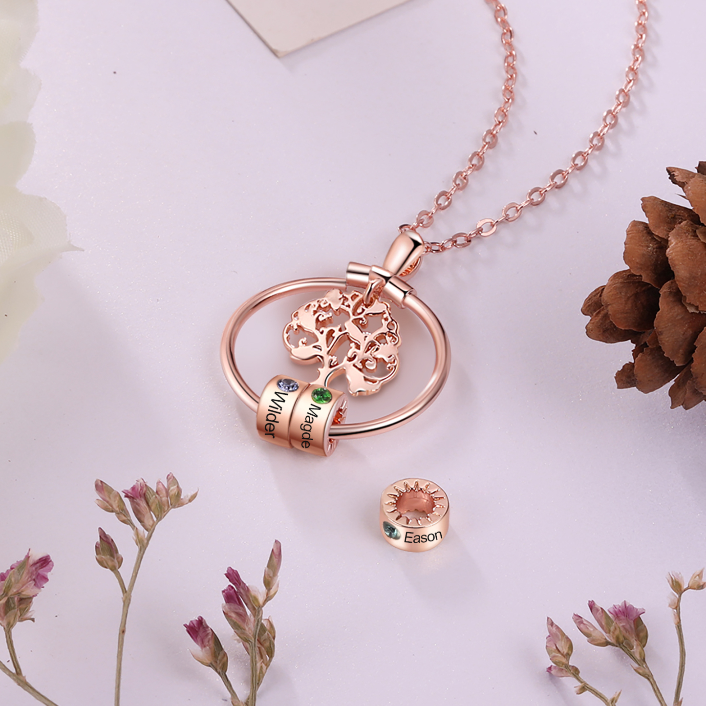 Personalised Family Tree Necklace With 2 Birthstones Engraved Names Gift For Mother-Jessemade AU