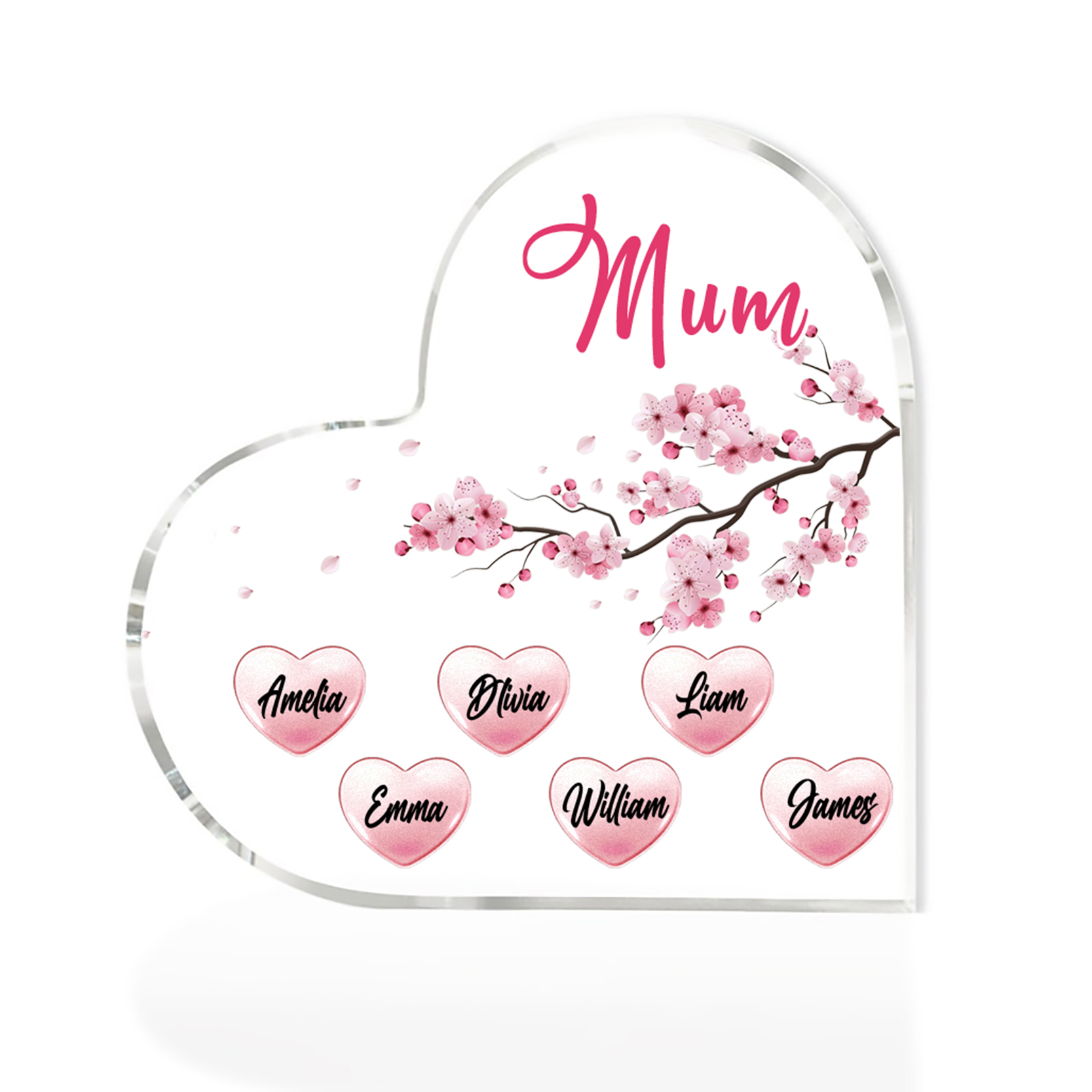 6 Names - Personalised Acrylic Heart Keepsake Custom Text Peach Blossom Ornaments Gifts for Grandma/Mother-Jessemade AU