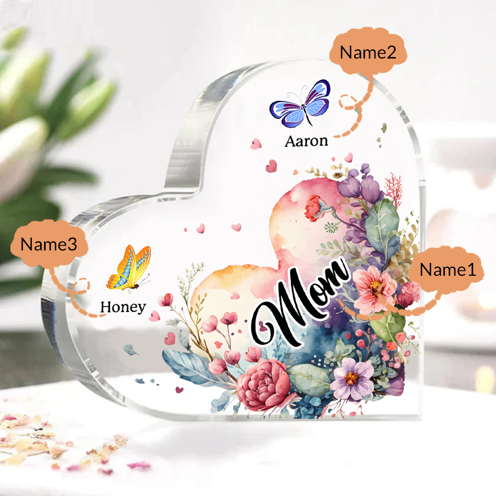 Personalised Acrylic Heart Keepsake Custom 3 Names Flowers Ornament Gifts for Mom/Grandma-Jessemade AU