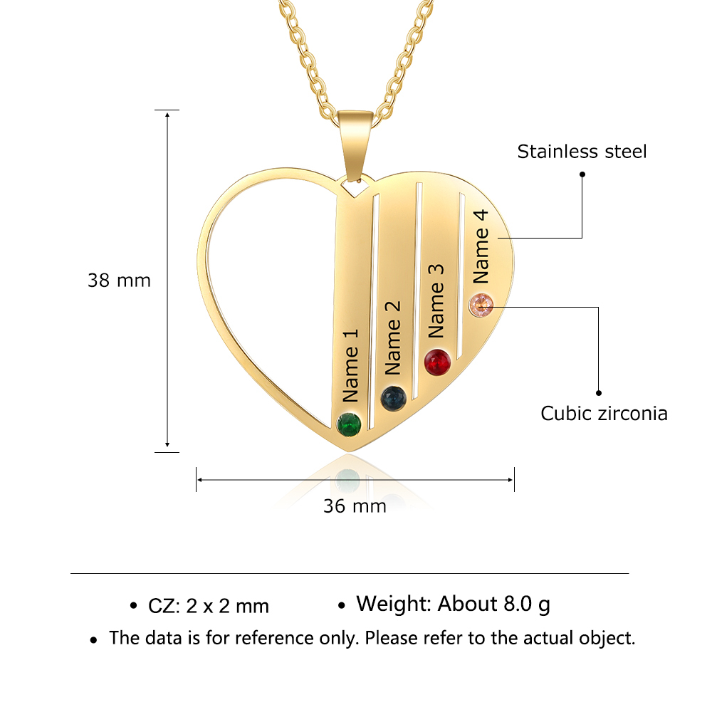 Personalised Heart Necklace With 4 Birthstones Engraved Names Gift For Her-Jessemade AU