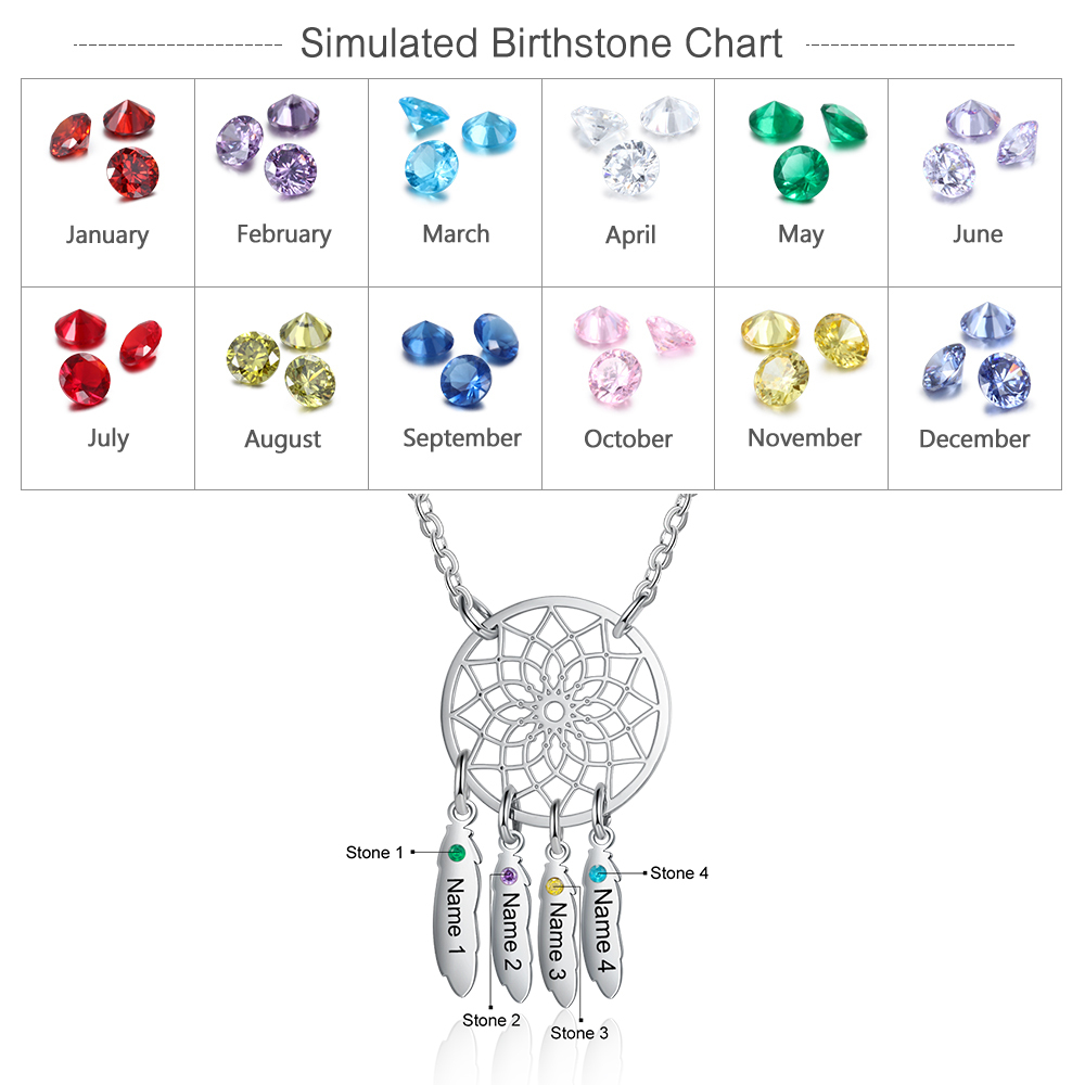 Personalised Dream Catcher Necklace With 4 Birthstones Engraved Names Gift For Women-Jessemade AU