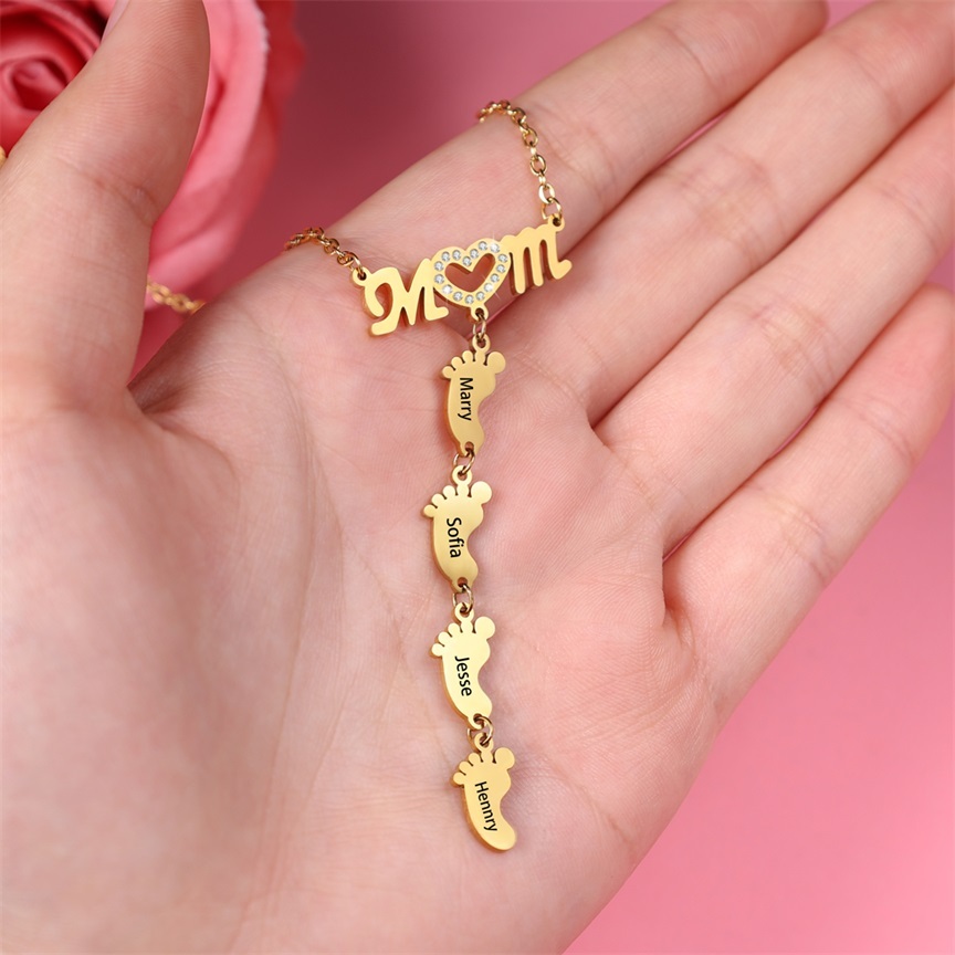 Mother Necklace with 4 Baby Feet Pendants Engraved 4 Names Rose Gift Set