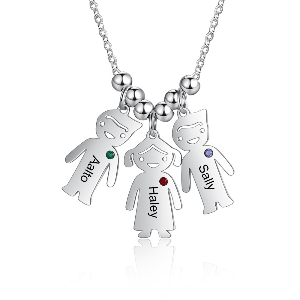 Personalised Kids Charm Necklace With 3 Birthstones Engraved Names Gift For Mother-Jessemade AU