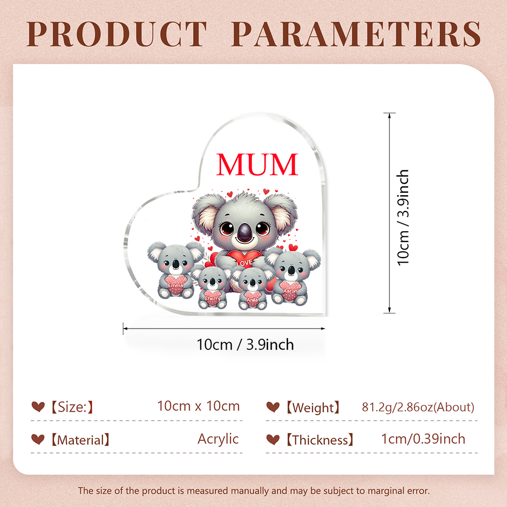 Personalised Acrylic Heart Keepsake Custom 1 Text & 4 Names Ornament Koala Family Gifts for Mother/Grandma-Jessemade AU