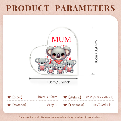 Personalised Acrylic Heart Keepsake Custom 1 Text & 4 Names Ornament Koala Family Gifts for Mother/Grandma-Jessemade AU