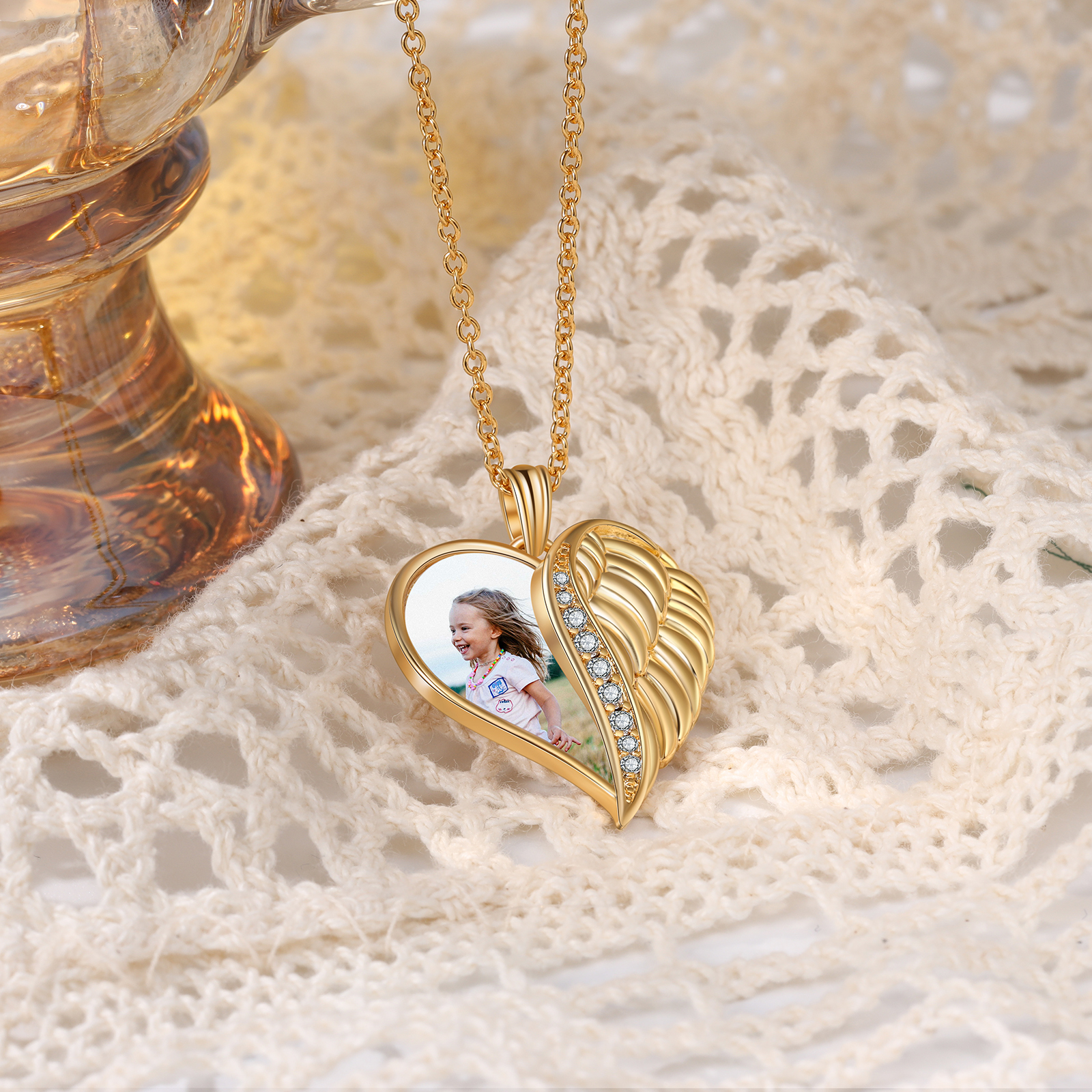 Personalised Heart Photo Necklace Custom 1 Memorial Photo Angle Wing Necklace Gifts for Her-Jessemade AU