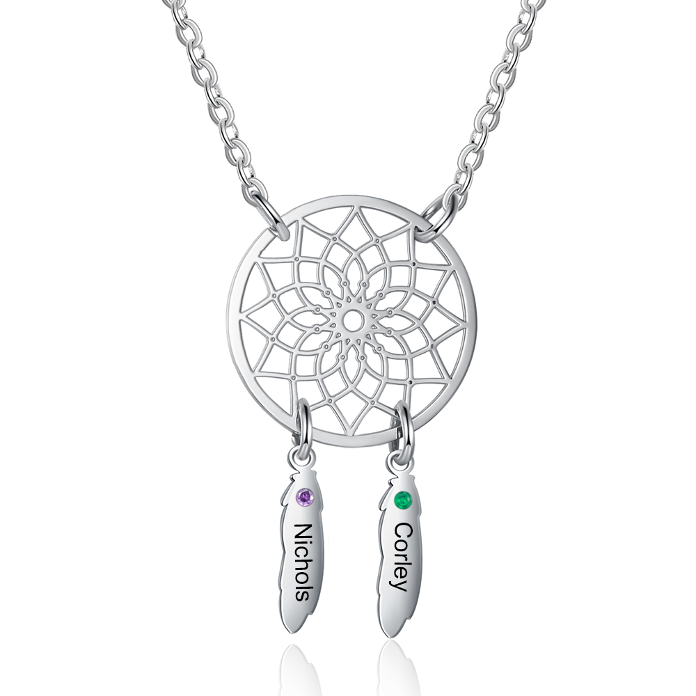 Personalised Dream Catcher Necklace With Names Custom 2 Birthstones Gift For Women