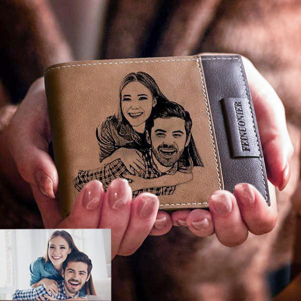 Brown Personalised Leather Wallet Engraved Photo Short Purse Folding Wallet Gifts For Men-Jessemade AU