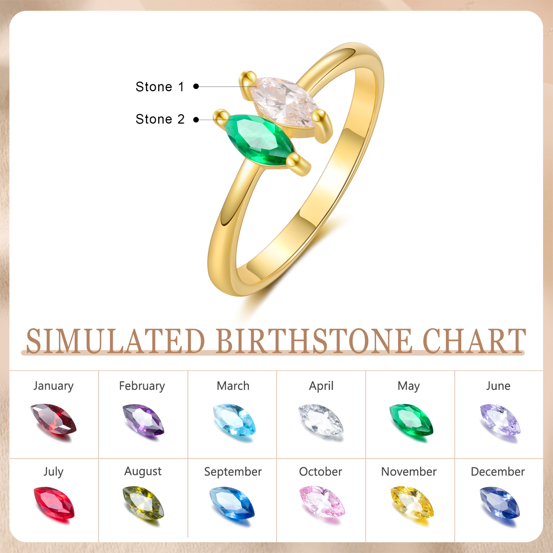 Personalised Women's Ring Custom 2 Birthstones Ring Gold Birthday Gift for Her-Jessemade AU