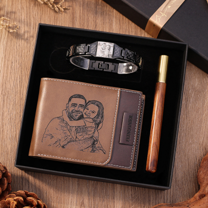 Personalised 2 Photos & 1 Text Gift Set Custom Wallet & Bracelet & Pen Gift Box Set Father’s Day Gift for Him-Jessemade AU