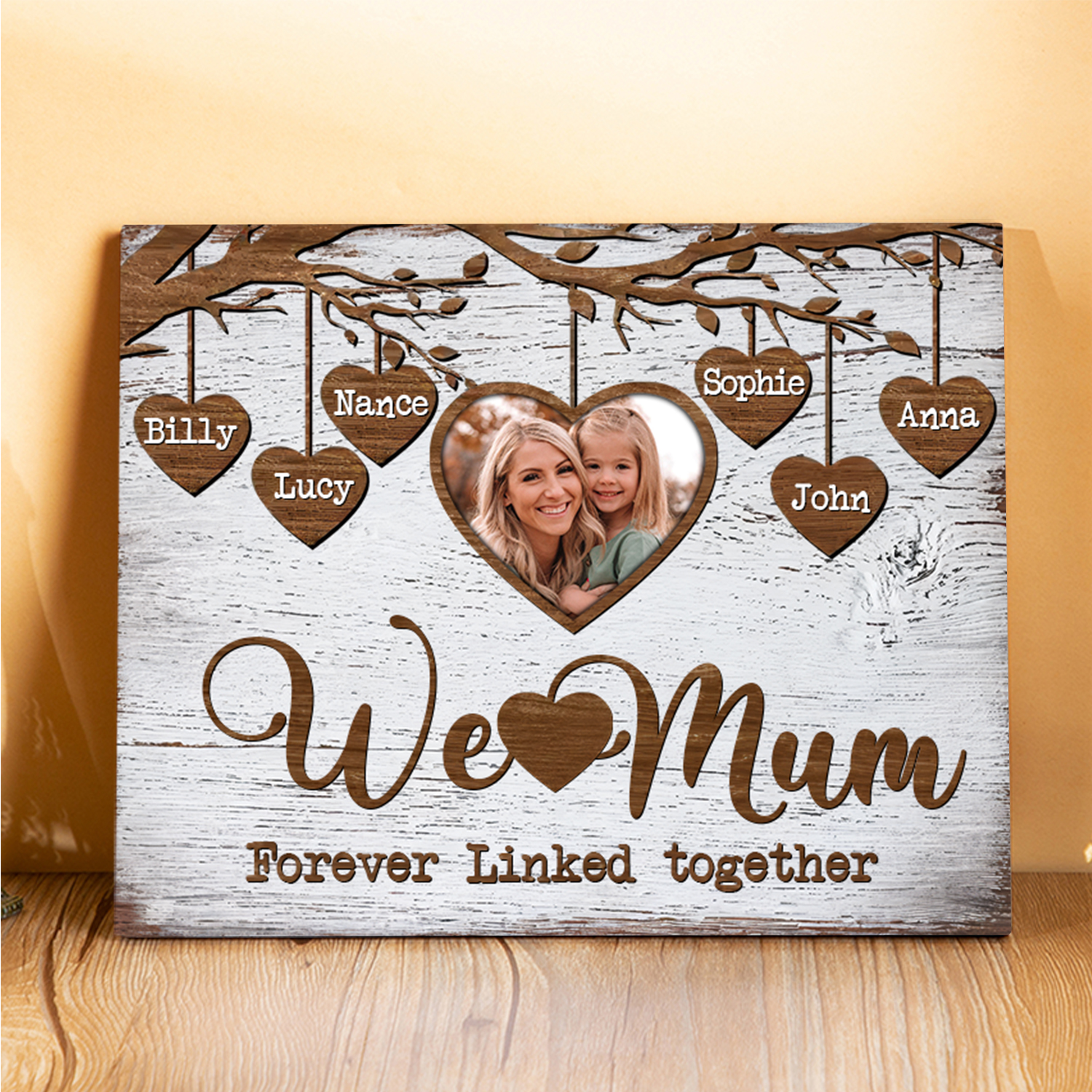 Personalised 6 Names & 1 Photo Wooden Plaque Custom Family Tree Home Decor Mother's Day Gifts - We Love Mum, Forever Linked Together-Jessemade AU