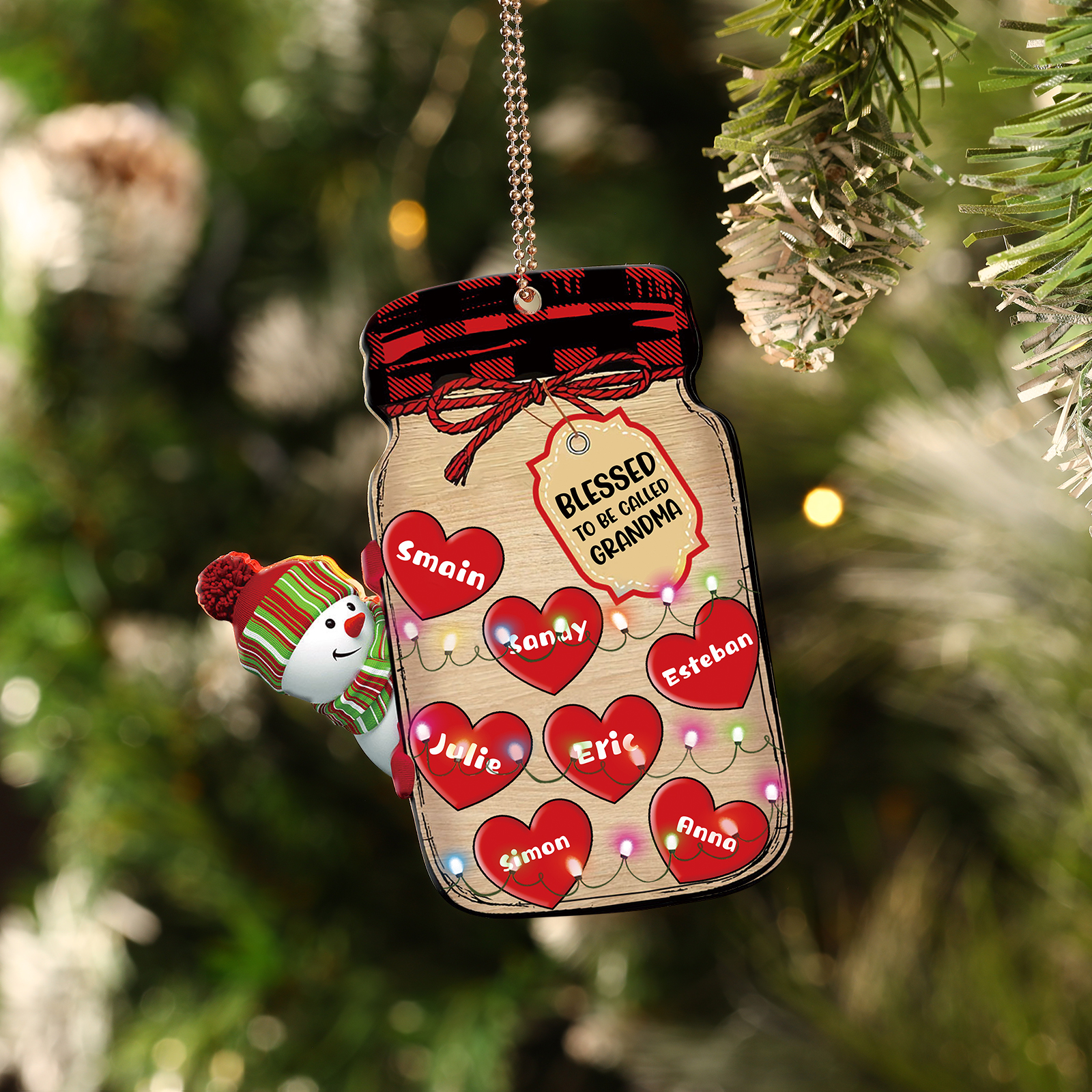 7 Names - Personalised Heart Christmas Ornament Customised Name & Text Acrylic Snowman Hanging Ornaments Jar Gift for Family-Jessemade AU