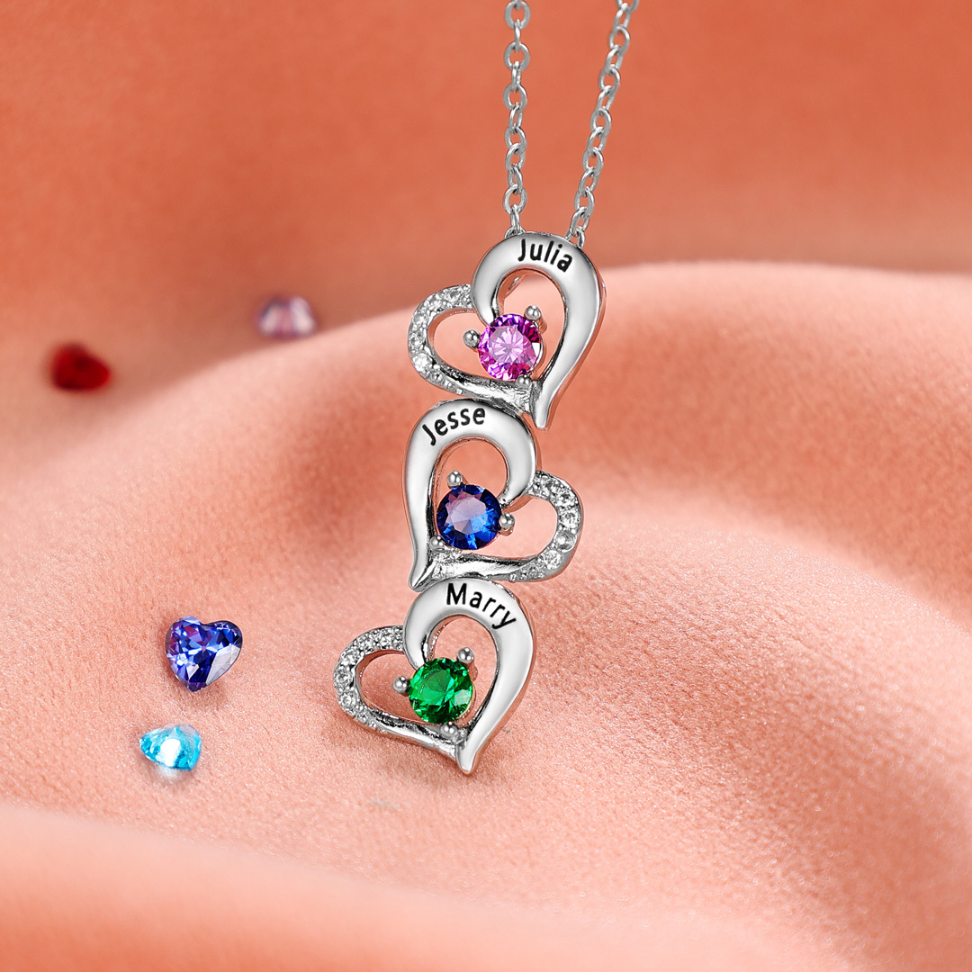 Personalised Heart Necklace With 2 Birthstones Engraved Names Gift For Her-Jessemade AU