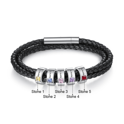 Personalised 3 Layer Leather Bracelet with 5 Beads Engraved Names Men's Bracelets for Him-Jessemade AU