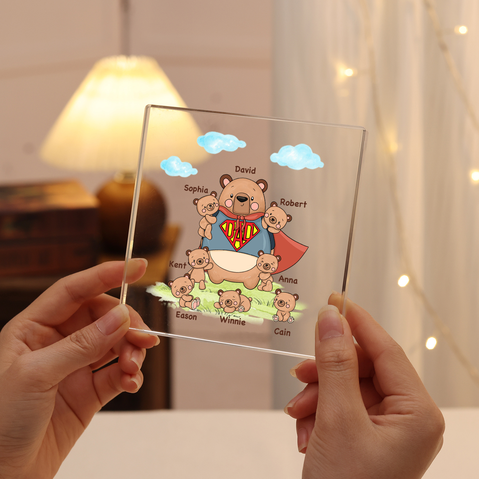 Personalised 8 Names & 1 Text Acrylic Square Keepsake Super Bear Family Rectangle Plaque Gifts for Father/Grandpa-Jessemade AU