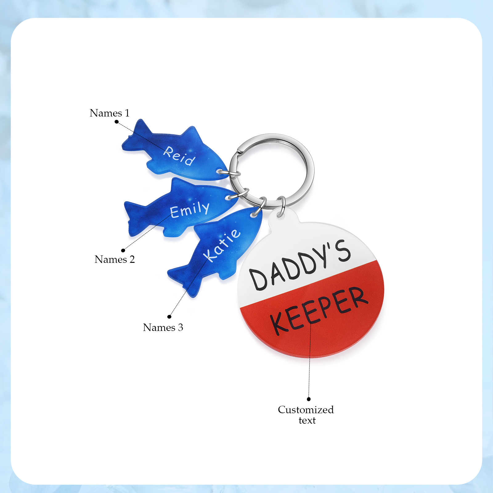 Personalised 3 Names & 1 Text Fishes Keychain Engraved Kids Names Acrylic Keychain Gifts for Grandpa/Daddy-Jessemade AU