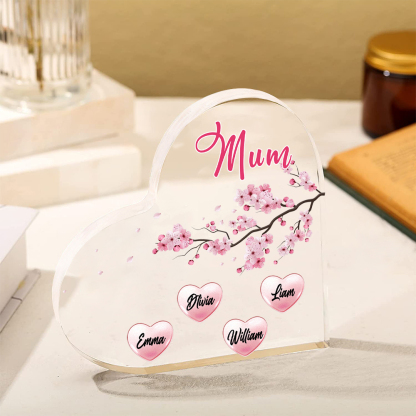 4 Names - Personalised Acrylic Heart Keepsake Custom Text Peach Blossom Ornaments Gifts for Grandma/Mother-Jessemade AU
