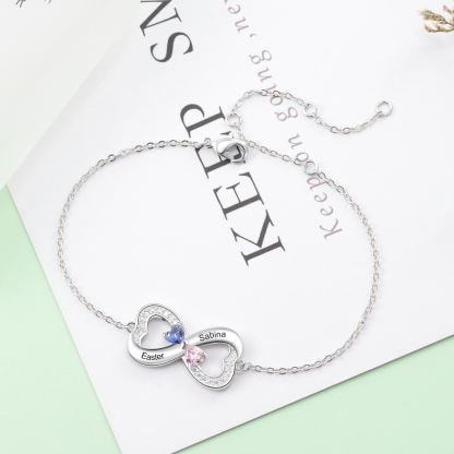 Personalised Bracelet With 2 Heart Birthstones Engraved Names Bracelet Gift For Women-Jessemade AU