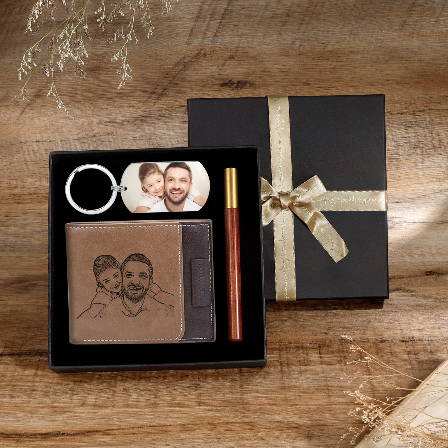 Personalised 2 Texts & 2 Photos Gift Set Custom Wallet & Keychain & Pen Gift Box Set Gift for Grandpa-Jessemade AU