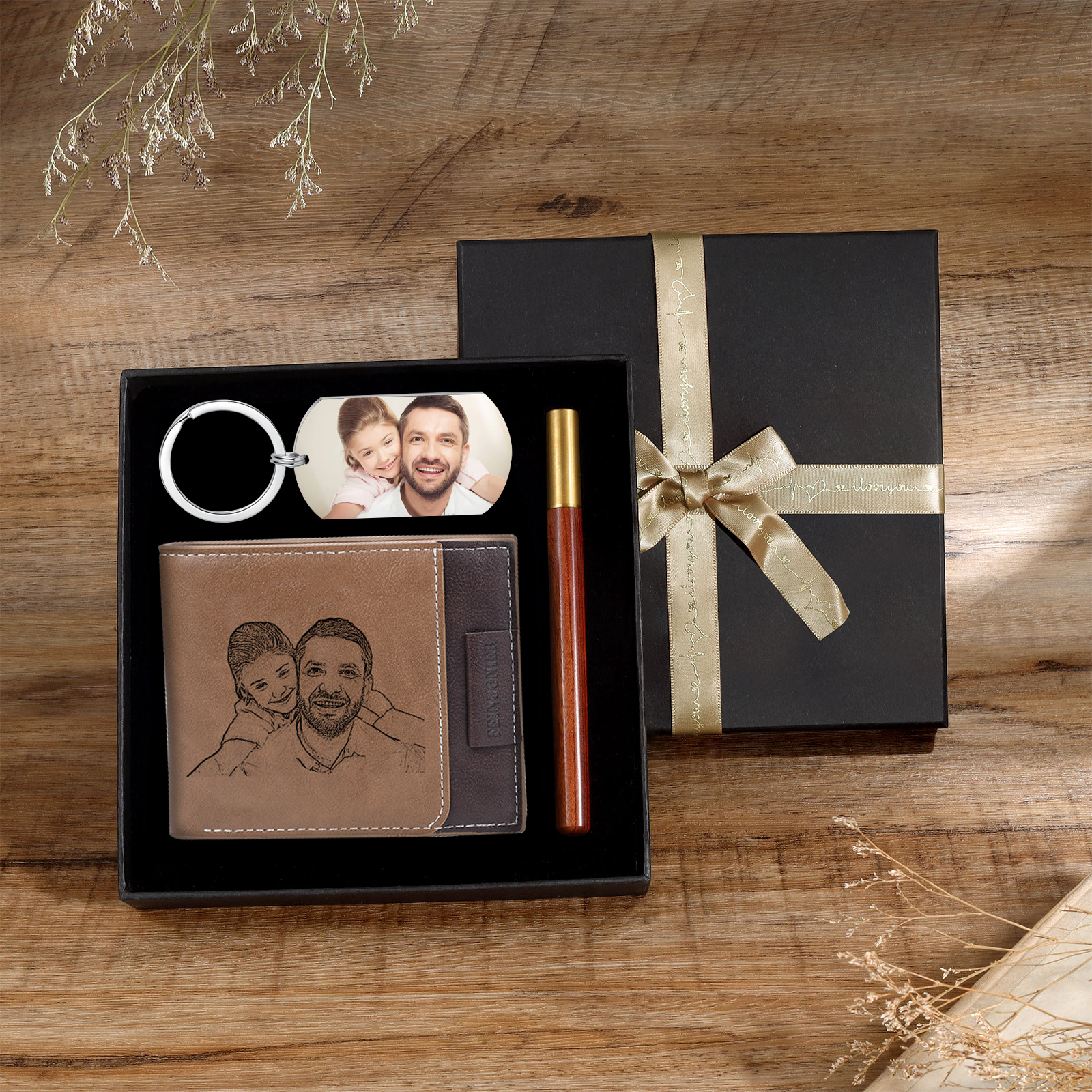 Personalised 2 Texts & 2 Photos Gift Set Custom Wallet & Keychain & Pen Gift Box Set Gift for Grandpa-Jessemade AU