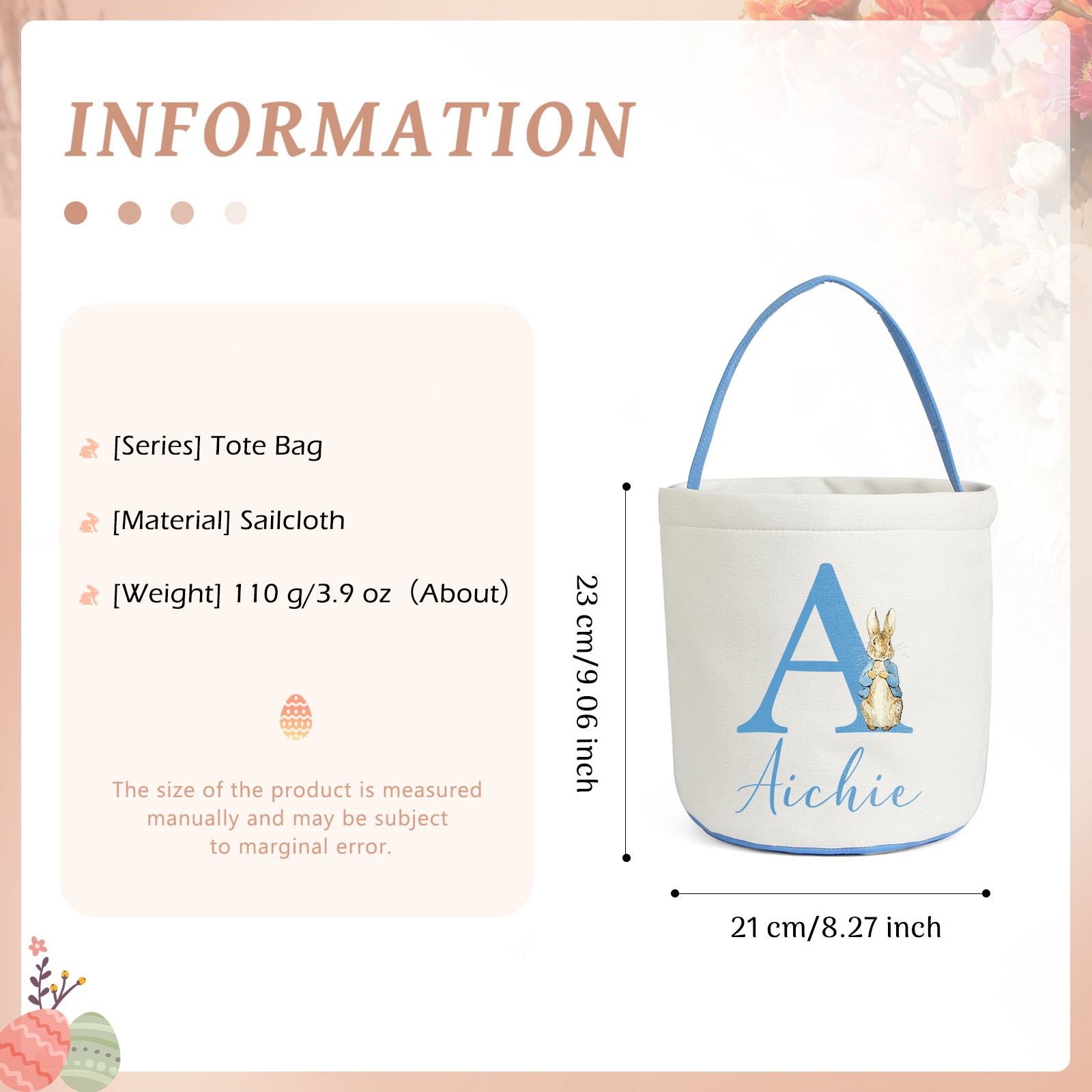 Easter Bunny Tote Bag Personalised Name & Letter Bucket Bag White Basket Gifts For Kids-Jessemade AU
