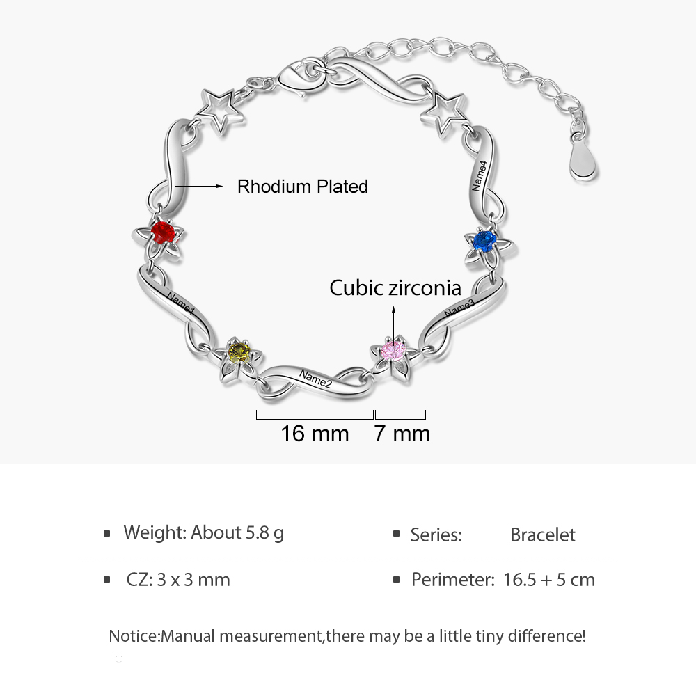 Personalised Star Bracelet With 4 Birthstones Engraved Names Bracelet Gift For Women-Jessemade AU