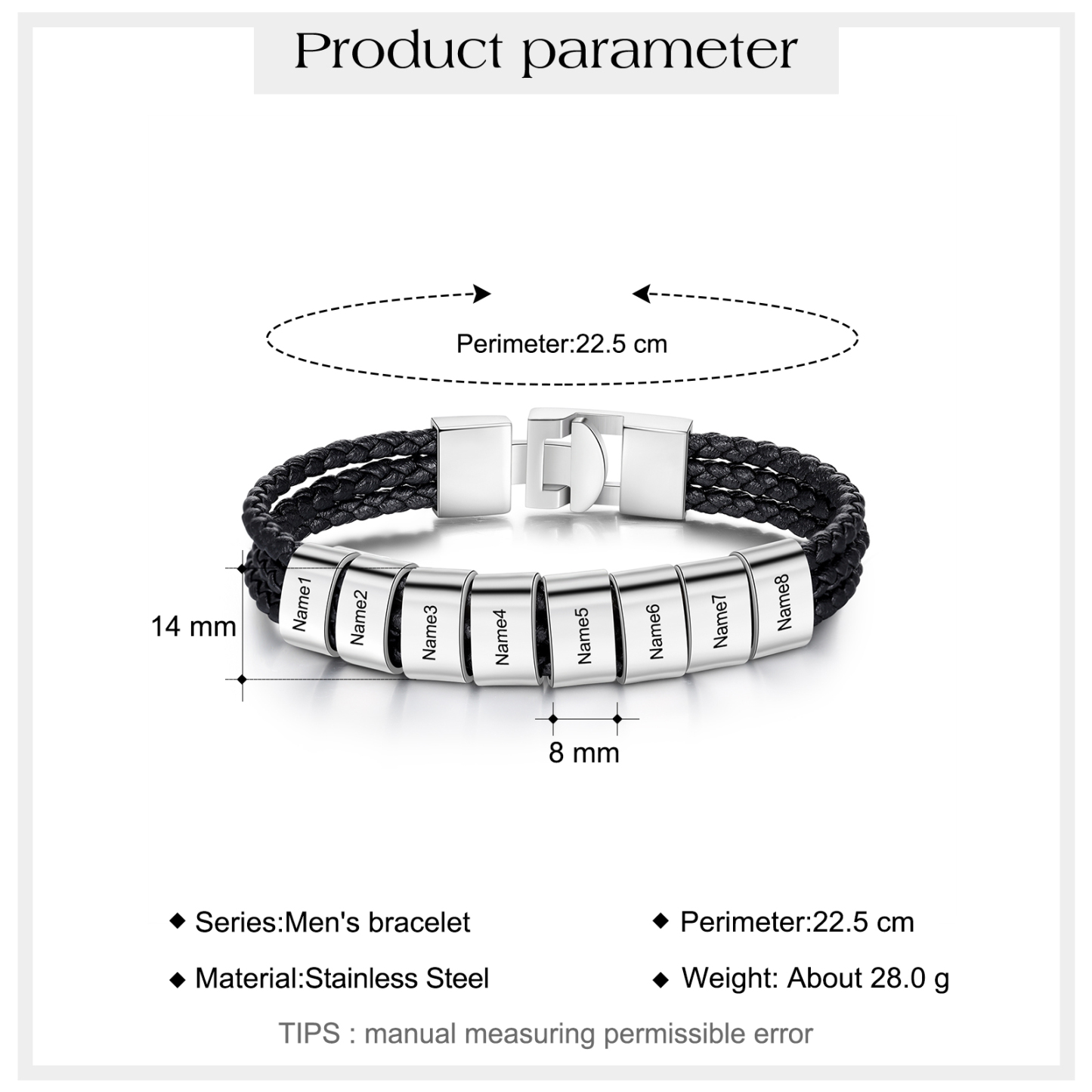 Personalised Braided Leather Bracelet Engraved 8 Names Men's Bracelet Gifts For Him-Jessemade AU