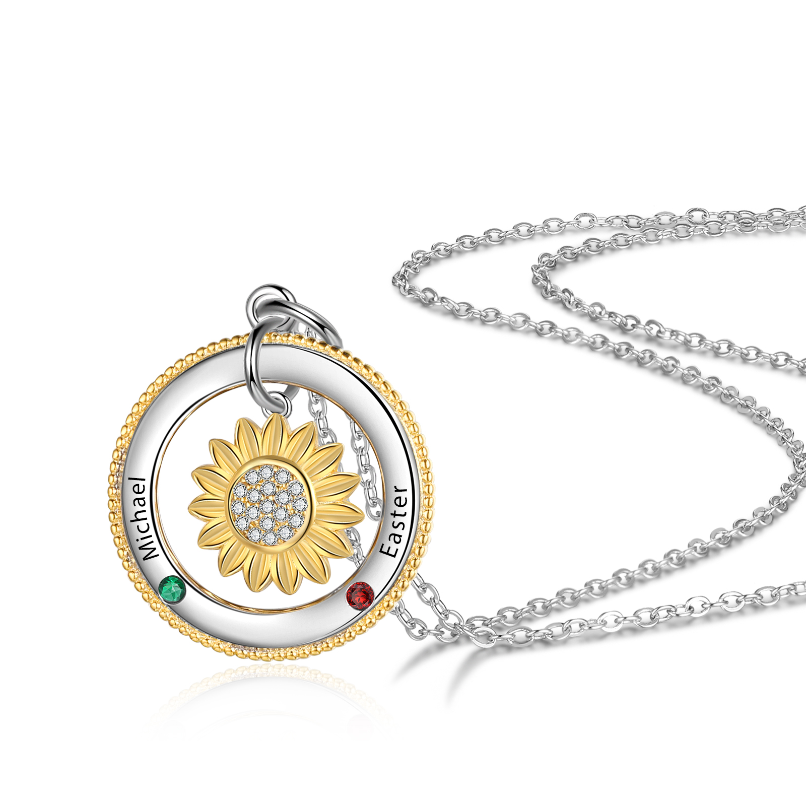 Personalised Sunflower Necklace With 2 Birthstones Engraved Names Necklace Gift For Women-Jessemade AU
