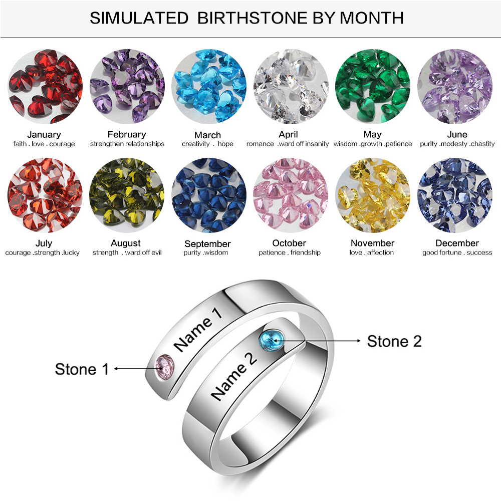 Personalised Ring With 2 Birthstones Engraved Names Ring Gift For Women-Jessemade AU
