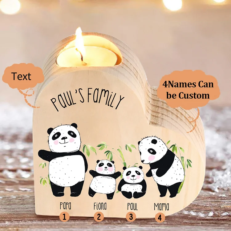 Family Panda Heart Candle Holder Personalised Wooden Candlestick Custom 4 Names-Jessemade AU