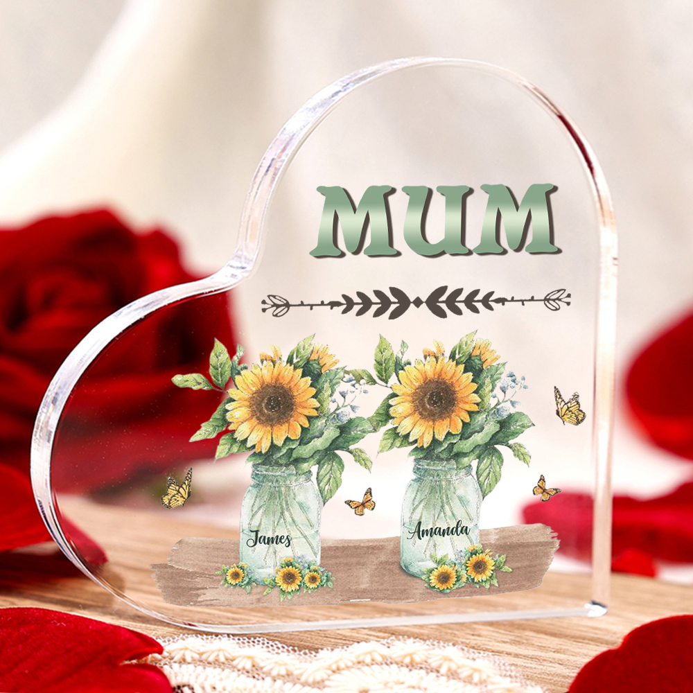 Personalised Acrylic Heart Keepsake Custom 2 Names & 1 Text Sunflower Vase Ornament Gifts for Mother/Grandma-Jessemade AU