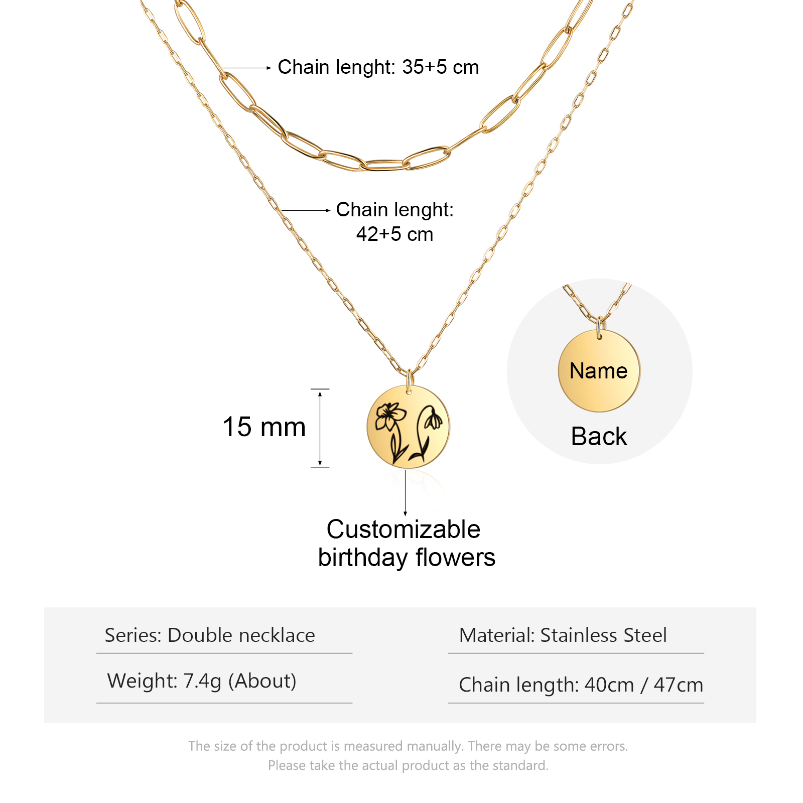 Personalised Double Necklace With 2 Birthflowers Engraved Name Gift For Her-Jessemade AU