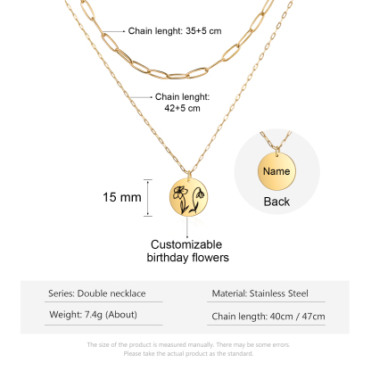 Personalised Double Necklace With 2 Birthflowers Engraved Name Gift For Her-Jessemade AU