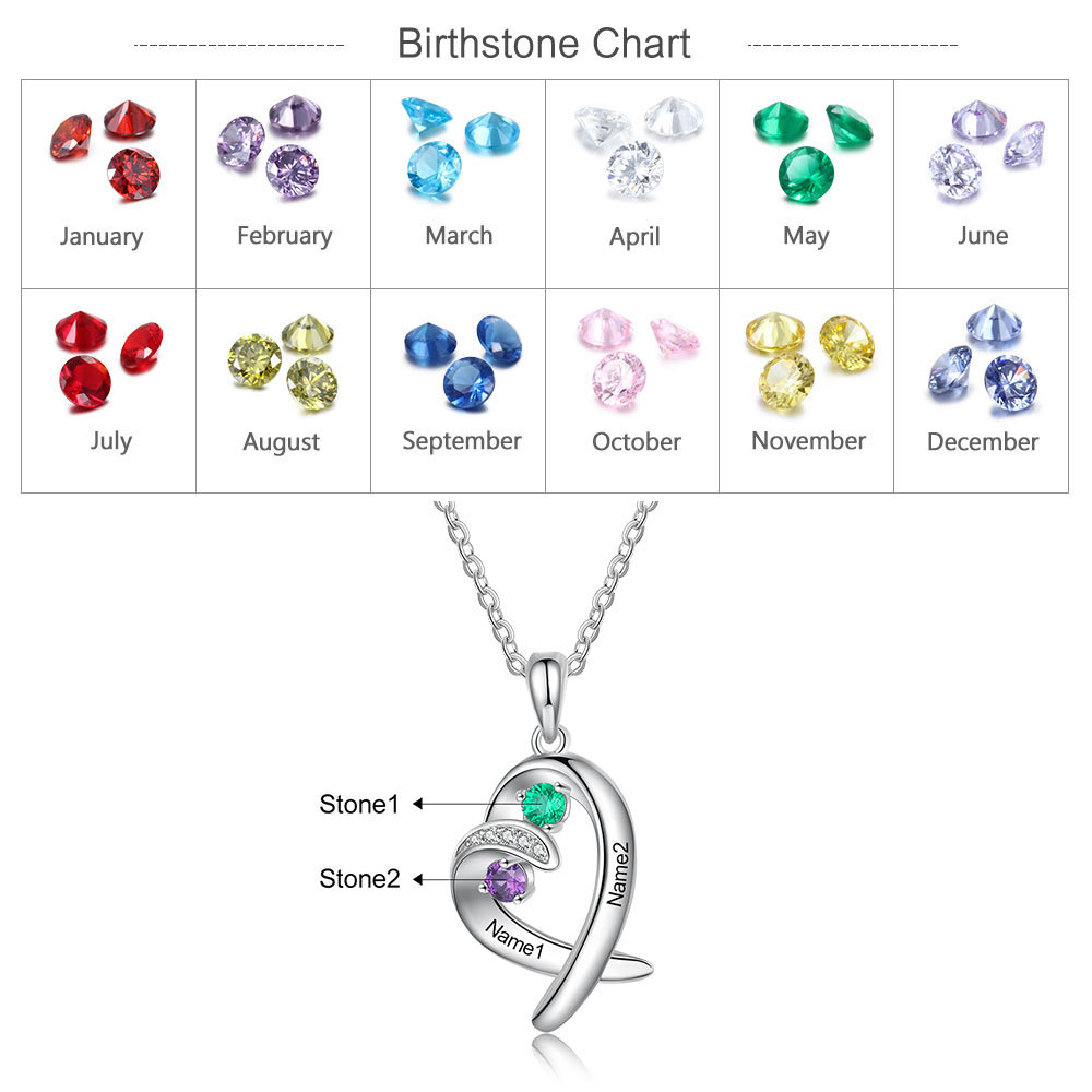 Personalised Heart Necklace With 2 Birthstones Engraved Names Gift For Her-Jessemade AU