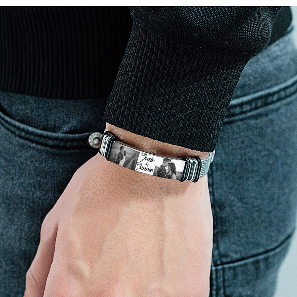 Personalised ID Bar Bracelet Engraved 2 Photos Men Women Bracelet-Jessemade AU