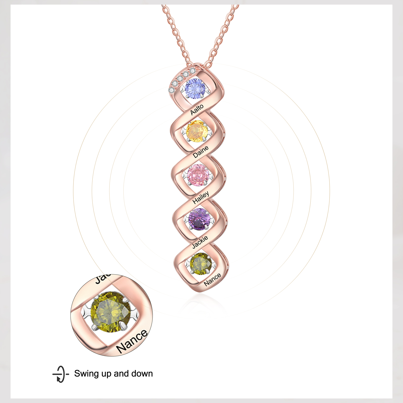 Custom Family Necklace with 5 Birthstones Engraving Names Dancing Stone Necklace-Jessemade AU