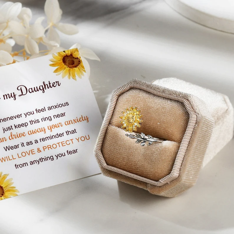 For Daughter-S925 Sunflower Fidget Ring Anxiety Spinning Ring" It Can Drive Away Your Anxiety"-Jessemade AU