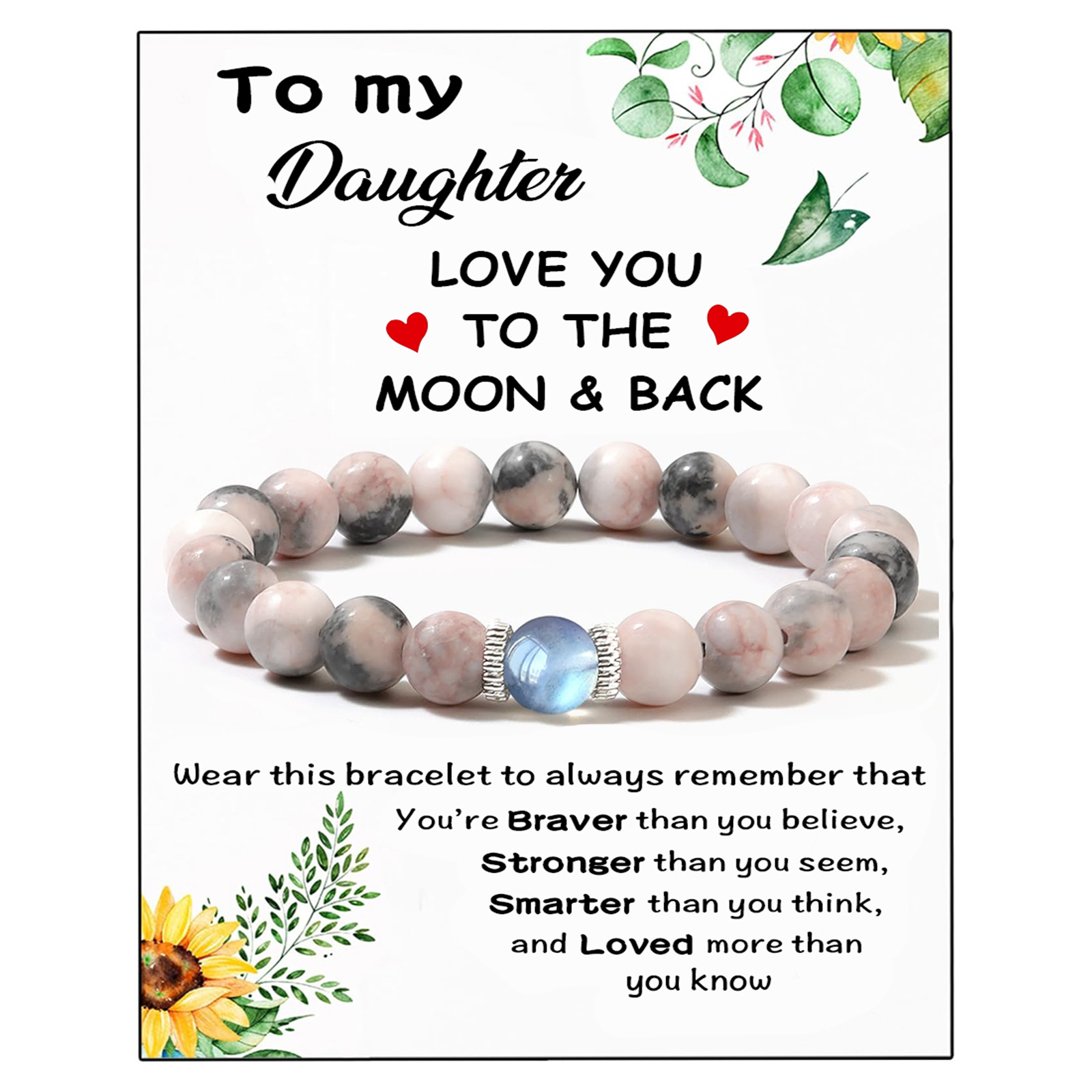 To My Daughter Bracelet Set Beaded Bracelet with Message Card Gifts for Her - Love You To The Moon & Back-Jessemade AU