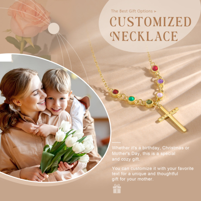 Personalised Cross Pendant Necklace Custom 6 Birthstones & 1 Text Necklace Birthday Gift for Her-Jessemade AU