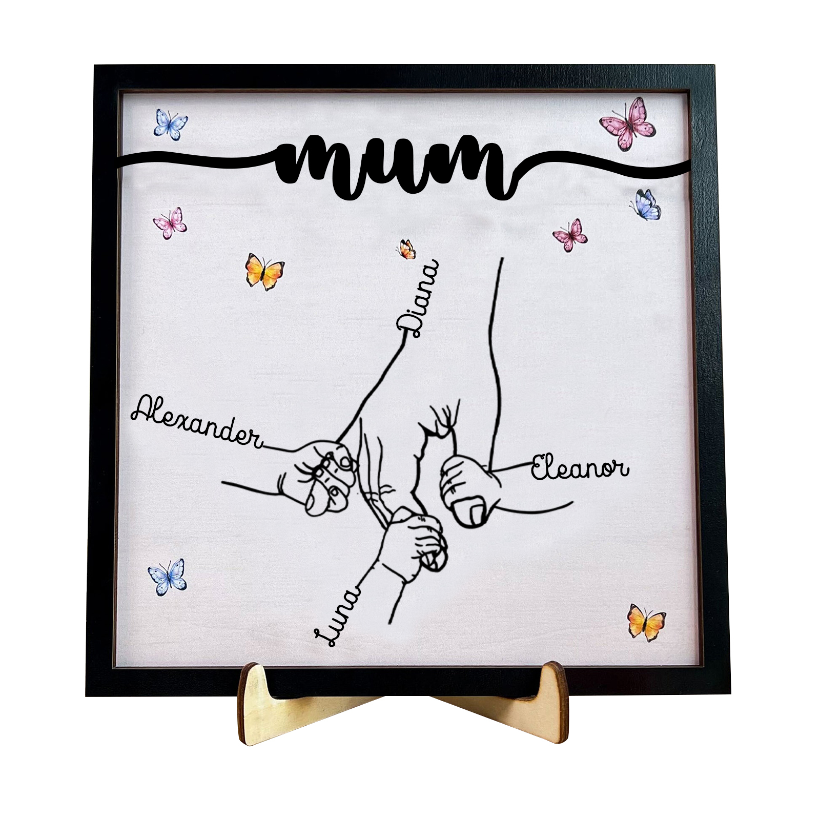 4 Names - Personalised Wooden Plaque Holding Mum's Hand Desktop Decorations Wooden Sign With Stand-Jessemade AU