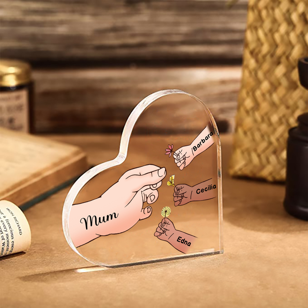 Personalised Text Acrylic Heart Keepsake Custom 1–8 Names & Flowers Ornament Handing Flowers Gifts For Mother/Grandma-Jessemade AU