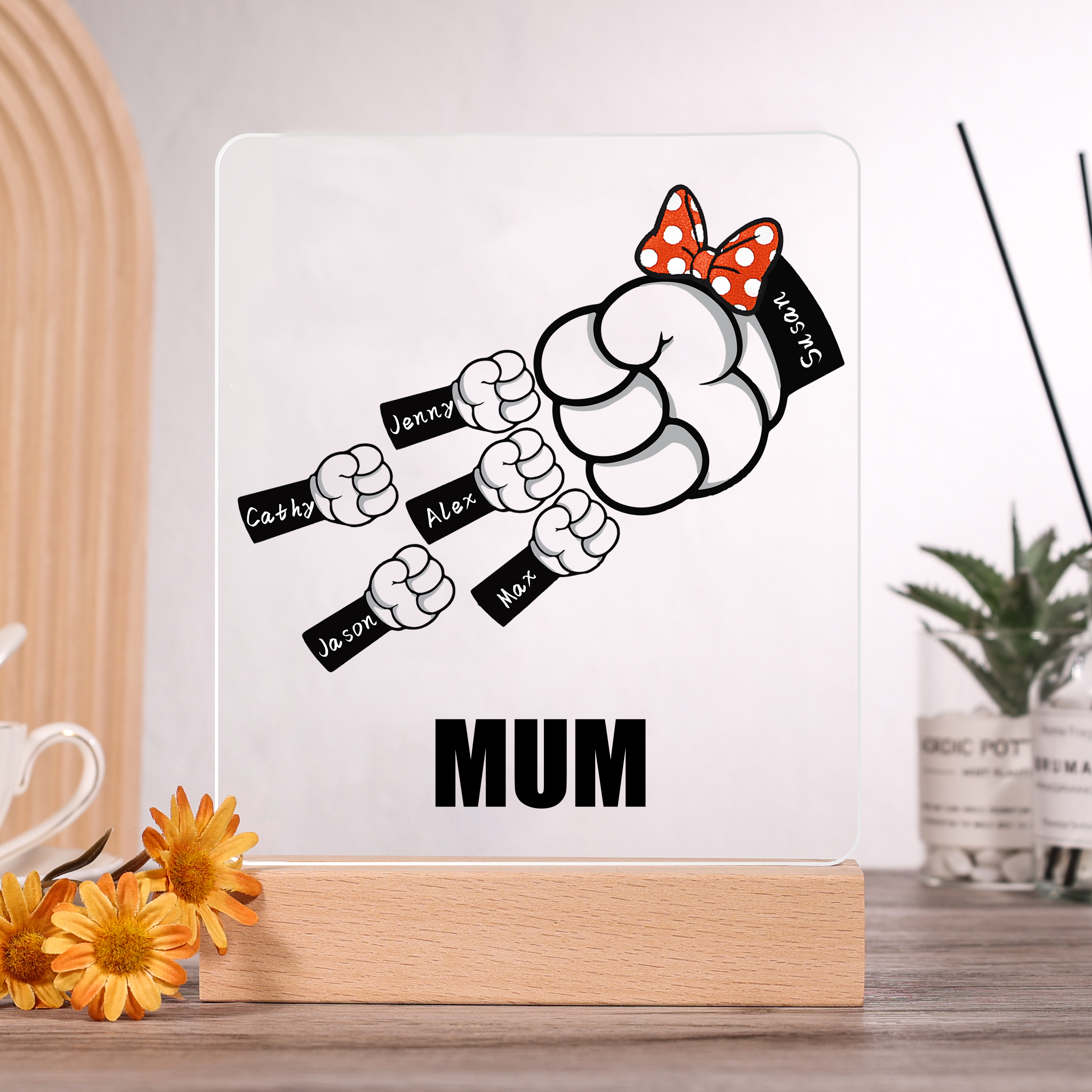 6 Names - Personalised Acrylic Night Light Custom Names & Text Fist Bump LED Lamp Gifts for Family-Jessemade AU