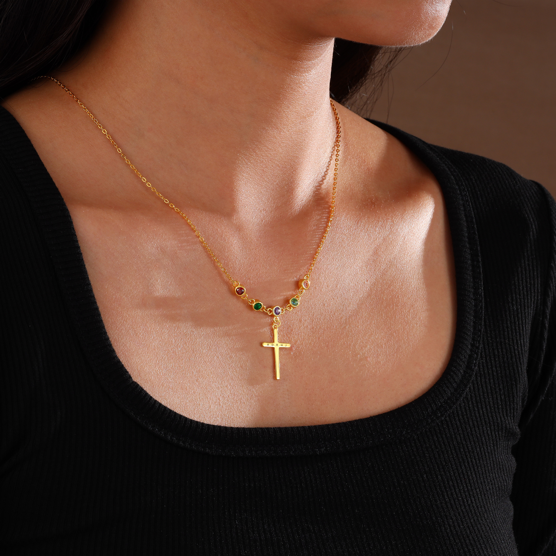Personalised Cross Pendant Necklace Custom 5 Birthstones & 1 Text Necklace Birthday Gift for Her-Jessemade AU