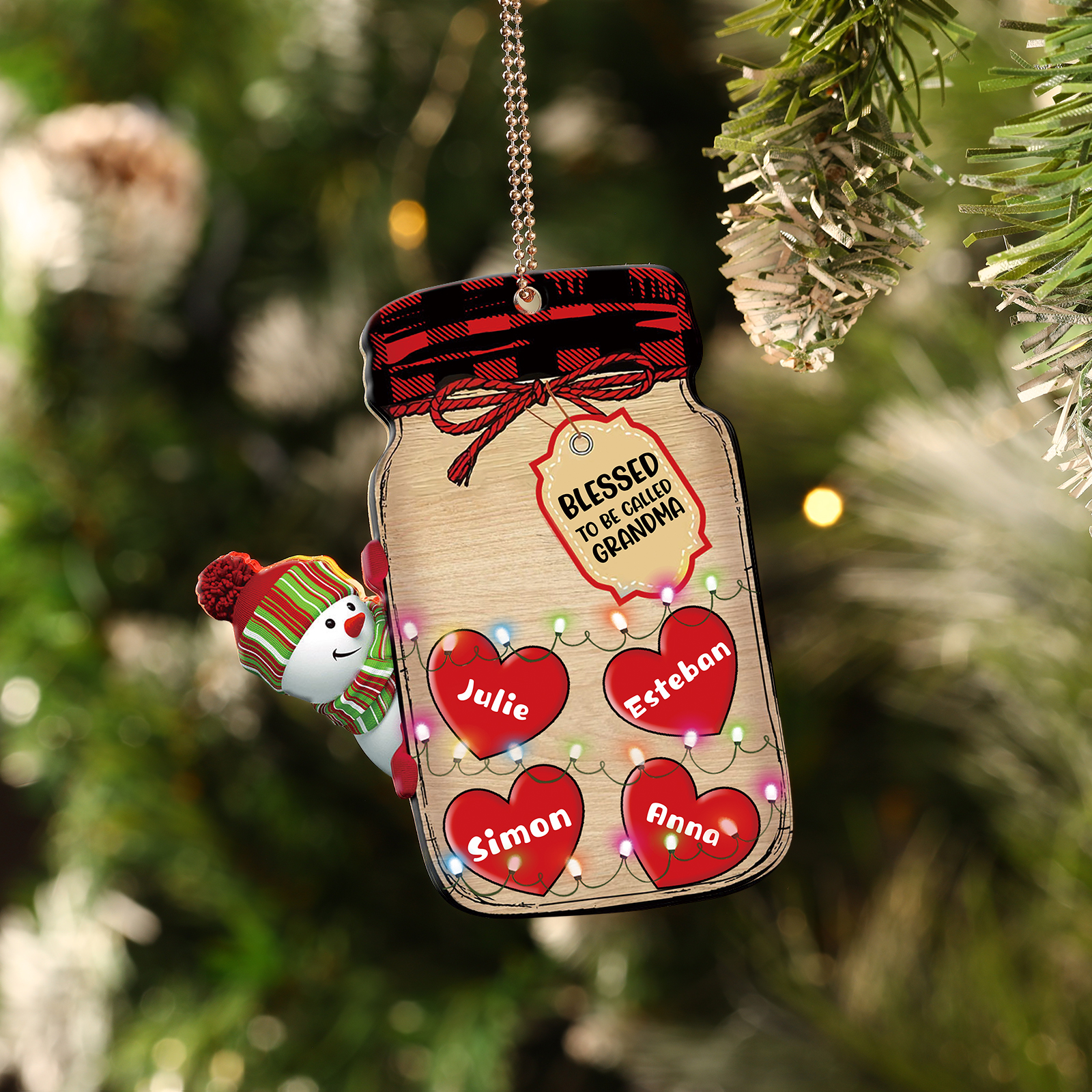 4 Names - Personalised Heart Christmas Ornament Customised Name & Text Acrylic Snowman Hanging Ornaments Jar Gift for Family-Jessemade AU