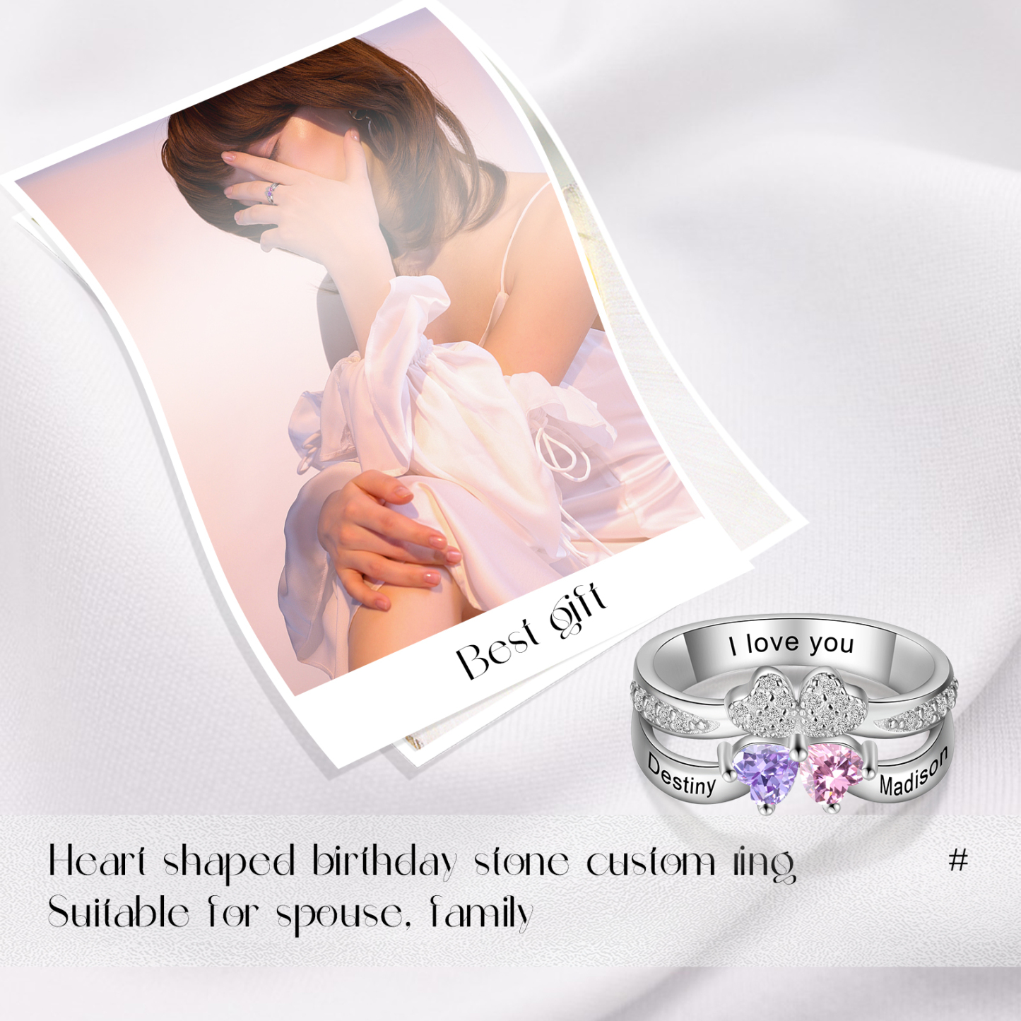 Personalised Ring With 2 Birthstones Engraved Names Ring Best Gift For Women-Jessemade AU