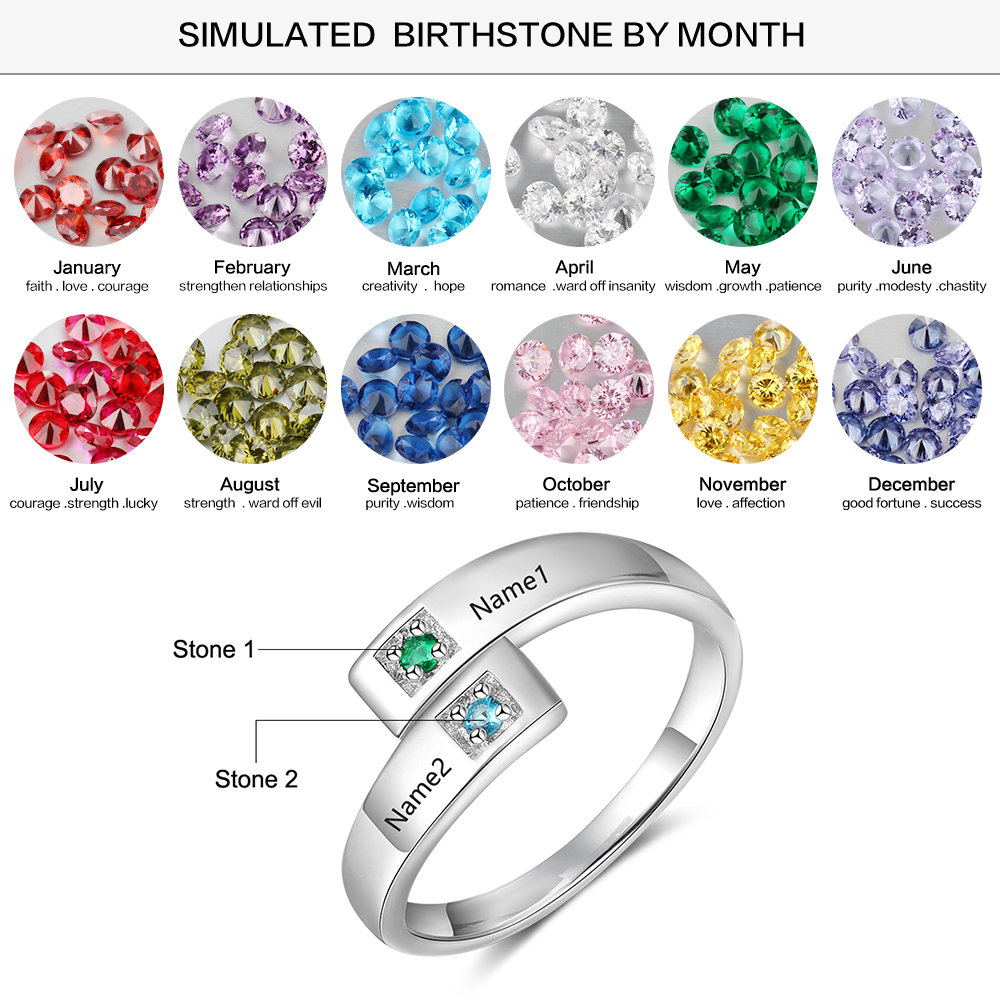 Personalised Ring With 2 Birthstones Engraved Names Ring Gift For Women-Jessemade AU