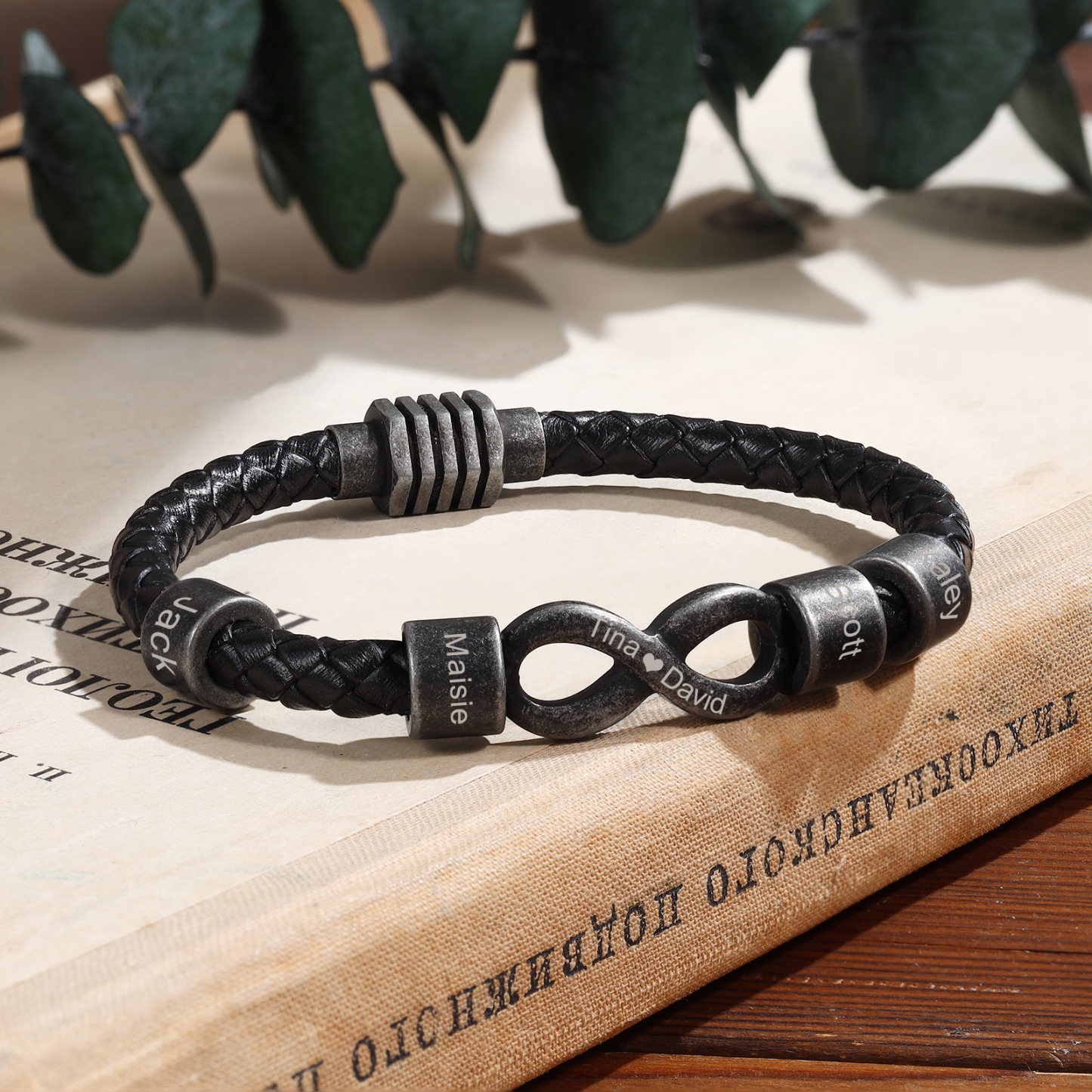 4 Names - Vintage Men's Leather Bracelet Custom Text Beads Bracelet Infinity Bracelet Valentine's Day Personalised Gift for Him-Jessemade AU