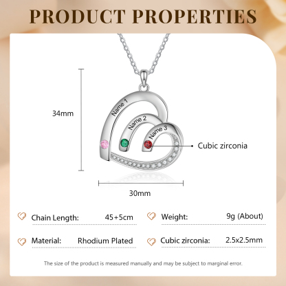 Personalised Heart Pendant Necklace Custom 3 Birthstones & 3 Names Necklace Gifts for Her-Jessemade AU