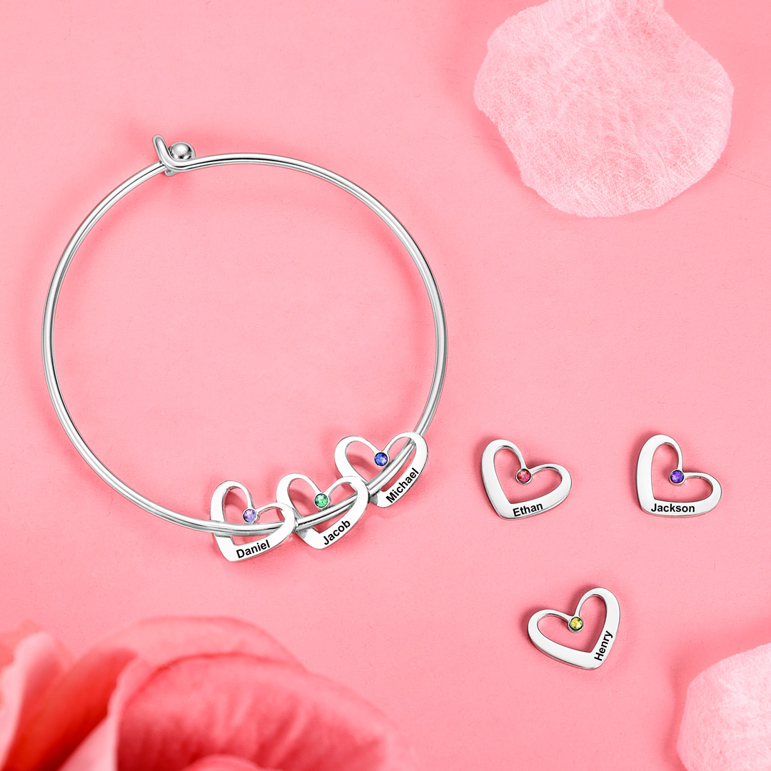 Personalised Heart Bangle With 4 Names and Birthstones Bangle Bracelet Mother's Day Gifts For women-Jessemade AU